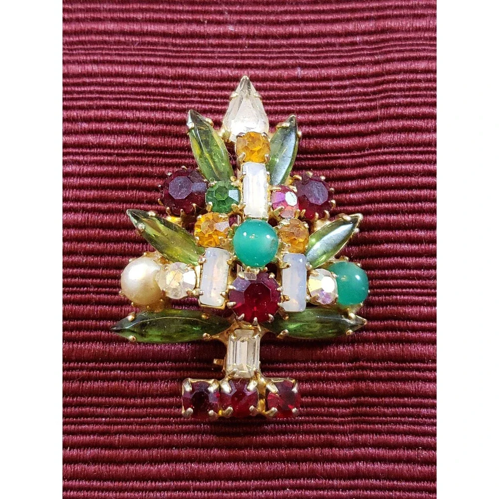 Vintage Unsigned Multi Colored Faux Pearl, Rhinestone, Bead Tree Pin/Brooch